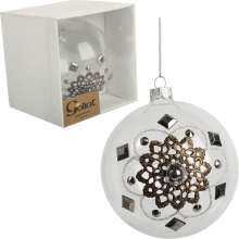 Elegancka szklana bombka świąteczna z metalowym dekorem - 10 cm, przezroczysta
