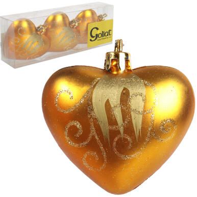 Zestaw 3 Złotych Bombek Plastikowych w Kształcie Serc z Brokatowym Dekorem, 7 cm