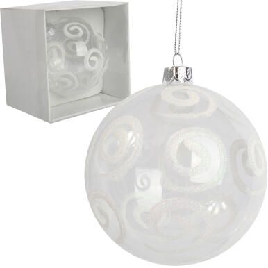 Bombka szklana przezroczysta z białą dekoracją w kształcie liści II