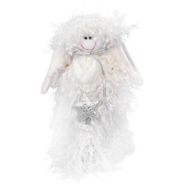 Aniołek Stojący z Włóczki ze Srebrną Gwiazdą 25cm - Figurka Choinkowa/Białe Świąteczne Dekoracje