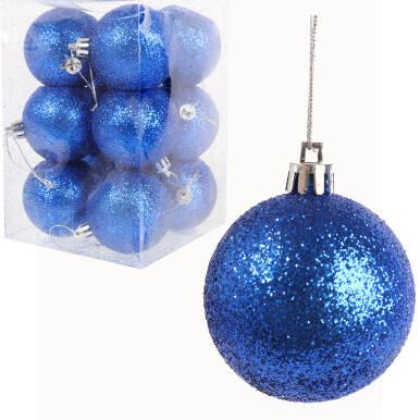 Zestaw 12 Niebieskich Bombek Brokatowych do Ozdoby Choinki, Plastikowe, 6cm.