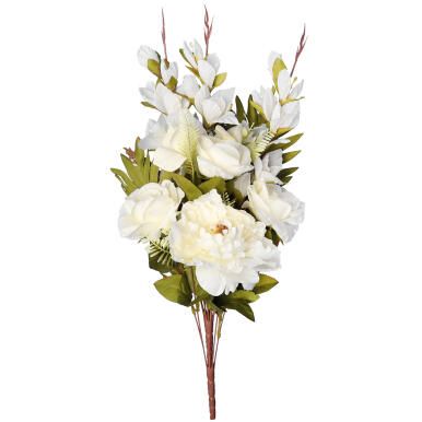 Bukiet płaska wiązanka nagrobna mix gladioli róż i piwonii 68cm BIAŁA