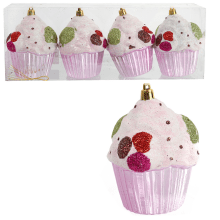 Zestaw 4 Różowych Bombek Bożonarodzeniowych w Kształcie Muffinów 10 cm - Wytrzymałe i Dekoracyjne Ozdoby Świąteczne