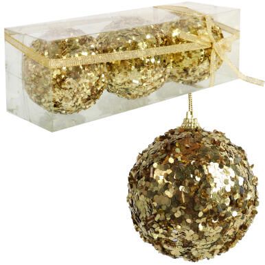 ZESTAW 3 BOMBEK ZDOBIONYCH CEKINAMI 8 CM ZŁOTE