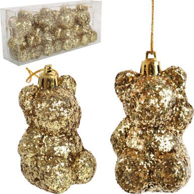 Złote Misie Brokatowe - Zawieszki na Choinkę, 4 sztuki, 8 cm