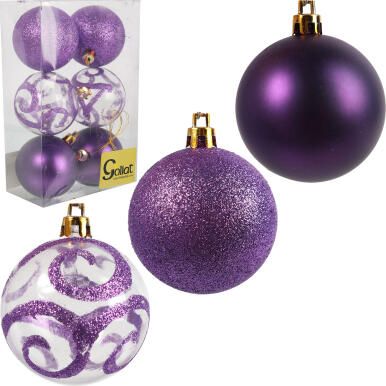 Zestaw 6 Eleganckich Bombek Bożonarodzeniowych Fioletowych, Plastikowych 7 cm