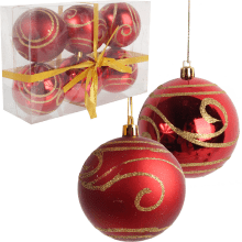 Elegancki Zestaw 6 Czerwonych Plastikowych Bombek Bożonarodzeniowych, 8 cm