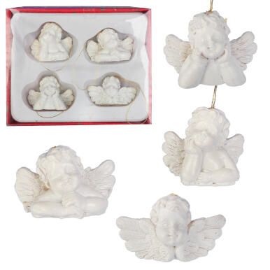 Zestaw 4 Białych Zawieszek Aniołków z Polirezynu 3.5x5 cm - Dekoracja Bożonarodzeniowa