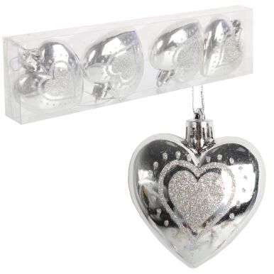 Zestaw 4 Srebrnych Plastikowych Bombek w Kształcie Serc 7 cm