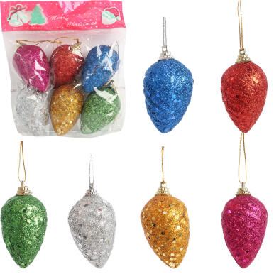 Zestaw 6 Kolorowych Plastikowych Bombek-Szyszek 7 cm do Dekoracji Świątecznych