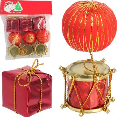 Komplet 9 Czerwonych Ozdób Bożonarodzeniowych do Zawieszenia: Bębenki, Paczuszki, Kulki