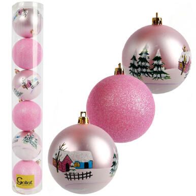 Zestaw 6 bombek plastikowych z zimowym dekorem 8 cm r&oacute;żowe
