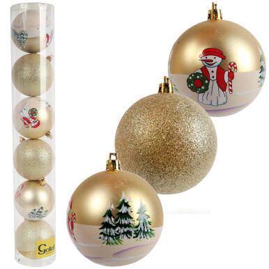 Zestaw 6 bombek plastikowych z zimowym dekorem 8 cm złote