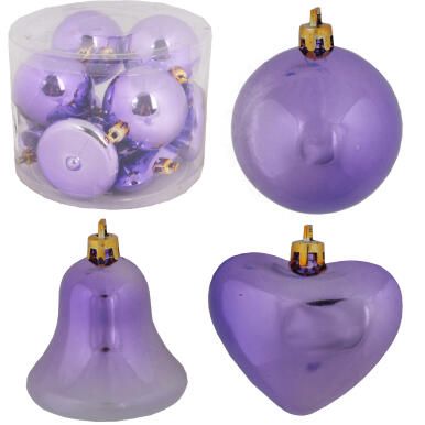 Zestaw 12 plastikowych bombek mix kształt&oacute;w fioletowe