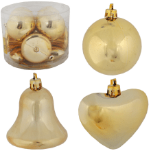 Złoty Zestaw 12 Bombek Plastikowych o Różnych Kształtach: Bombka, Dzwonek, Serce