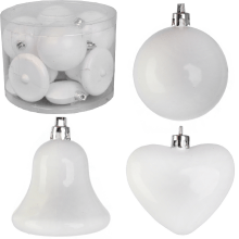 Zestaw 12 białych bombek świątecznych z plastiku - mix kształtów: kula, dzwonek, serce