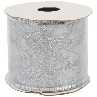 Wstążka dekoracyjna 6.5 cm na szpuli srebrna