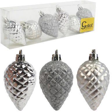Zestaw 6 Srebrnych Bombek Choinowych w Kształcie Szyszek - Mix Mat i Połysk, Plastikowe