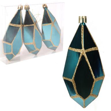 Zestaw 3 plastikowych bombek diamentowych w odcieniu turkusowym z złotym brokatem, 13 cm