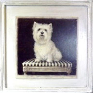 Postarzany Obraz z Białym Terierem na Stołku 41x41 cm - Część Tryptyku