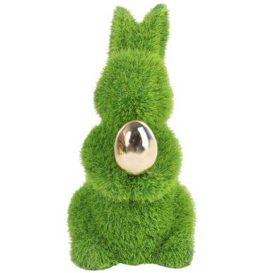 Zając flokowany ze złotym jajkiem 14 cm zielony