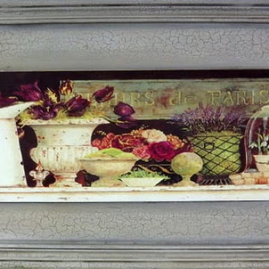 Obraz postarzany kwiaty z dzbankami 30 x 56 cm