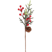 PIK GAŁĄZKA ozdobna z JARZĘBINĄ I SZYSZKĄ OŚNIEŻONA 34 CM czerwona