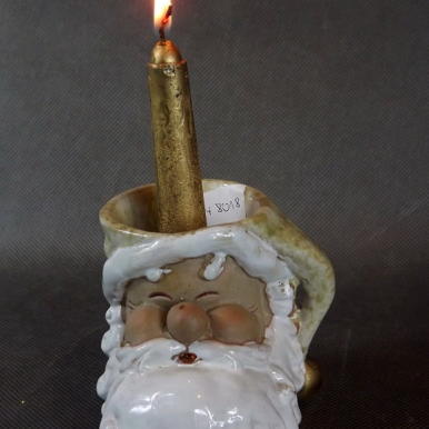 Ceramiczny Świecznik Głowa Mikołaja w Kolorze Kremowym ze Złoceniami