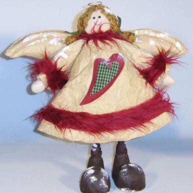 Anioł w Futrzanych Butach Beżowo-Czerwony: Rękodzieło z Papieru, Pł&oacute;tna i Sznurka