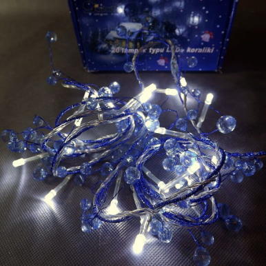 2m Girlanda z Niebieskimi Kryształkami i Białym Oświetleniem LED, 24V, do użytku wewnątrz