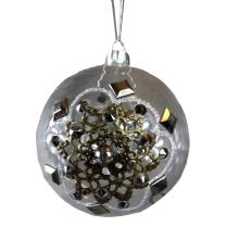 Bombka szklana przezroczysta z dekoracjami szklanymi i metalowymi w kolorze starego srebra, średnica 9cm