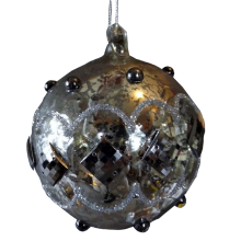 Bombka szklana w stylu vintage, zdobiona szkiełkami i metalem, kolor stare srebro, 9cm