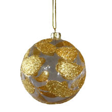 Bombka szklana przezroczysta ze złotą, brokadową dekoracją  w kształcie liści