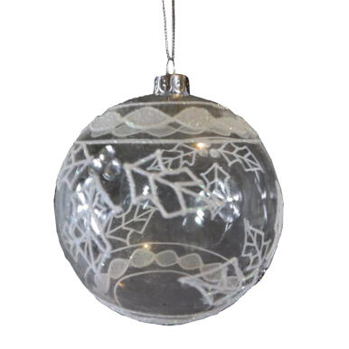 Bombka szklana przezroczysta z białym opalizującym dekorem i &nbsp;szkiełkami