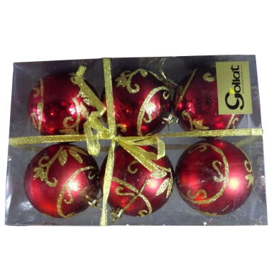 Komplet 6 Czerwonych Bombek Plastikowych z Dekoracją, Średnica 80mm