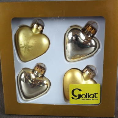 Złote Bombki Świąteczne w Kształcie Serc - Komplet 4 Sztuk