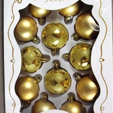 Komplet 12 bombek plastikowych złotych w kratę