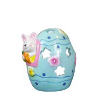 Jajko ceramiczne z zajączkiem lampion w kolorze niebieskim 9x7 cm