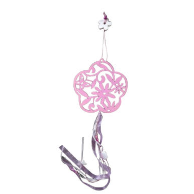 Drewniana zawieszka różowa kwiat z wstążkami i koralikami 