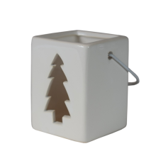 Biały Ceramiczny Lampion na Tealight z Motywem Choinki - 7,2x5,5x5,5 cm