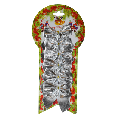 Zestaw 6 Srebrnych Kokard Choinkowych z Złotym Sznurkiem