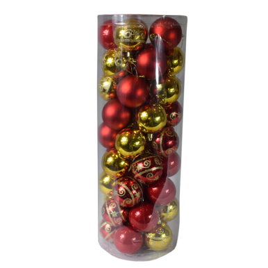 Zestaw 45 Bombek Choinkowych w Kolorze Czerwono-Złotym z Brokatem i Sznurkiem do Zawieszenia - Tuba