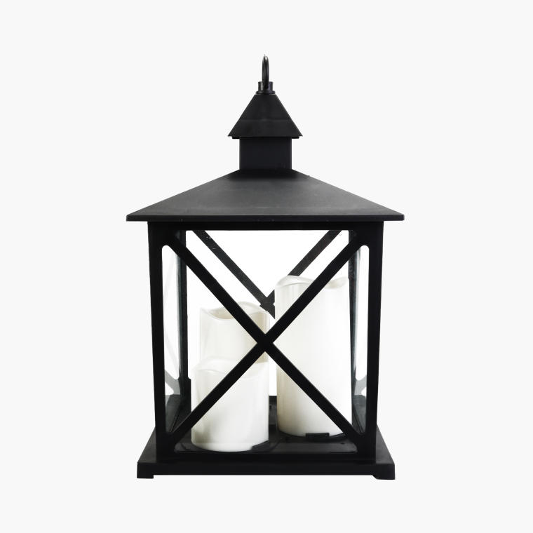 Duża, czarna latarenka dekoracyjna z trzema świecami LED GOLIAT