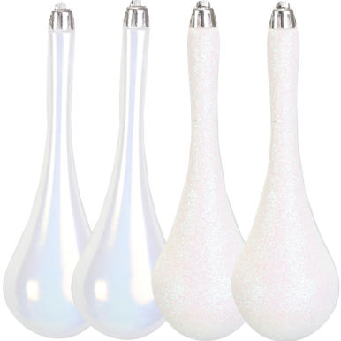 Komplet 4 Perłowych Sopli Plastikowych w Kształcie Łezki, 14 cm, Kolor Biały.