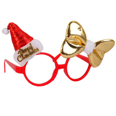 Okulary Świąteczne z Czapeczką i Złotą Kokardą w Kolorze Czerwonym