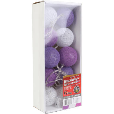 Kule świetlne bawełniane 10 led 6 cm na baterie fioletowo białe
