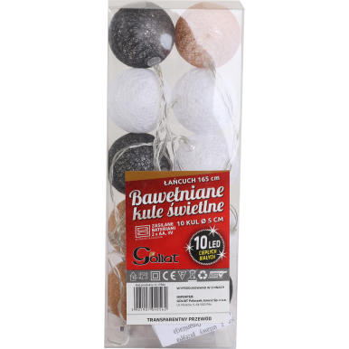 Bawełniane kule świetlne LED, 10 sztuk, multikolor, zasilane bateriami, fi 5 cm, brązowo-beżowo-białe.