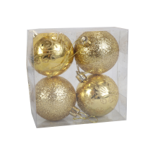 Złoty Komplet 4 Bombek Plastikowych 6cm - 2 Brokatowe i 2 z Połyskiem z Brokatowym Dekorem