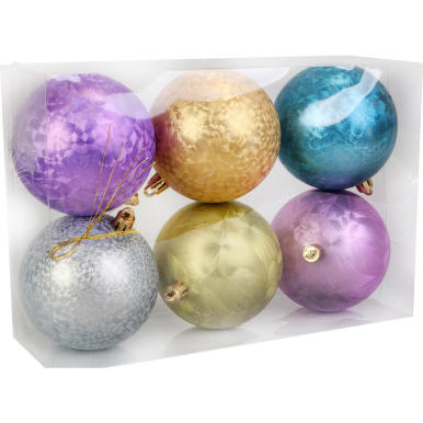 Komplet 6 plastikowych bombek z efektem zmrożenia w r&oacute;żnych kolorach, fi 6 cm, w eleganckim boksie PVC