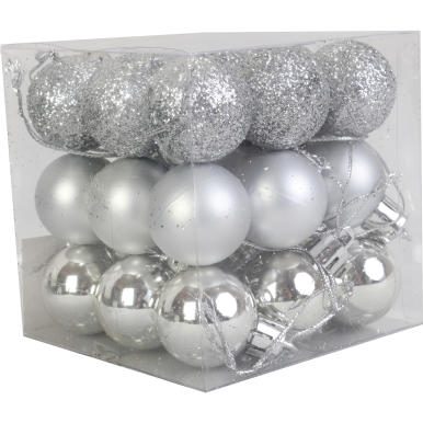 Komplet 27 bombek plastikowych 2 cm srebrne